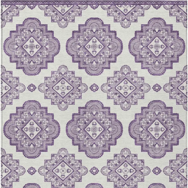 8' X 10' Lavender And Ivory Medallion Washable Indoor Outdoor Area Rug