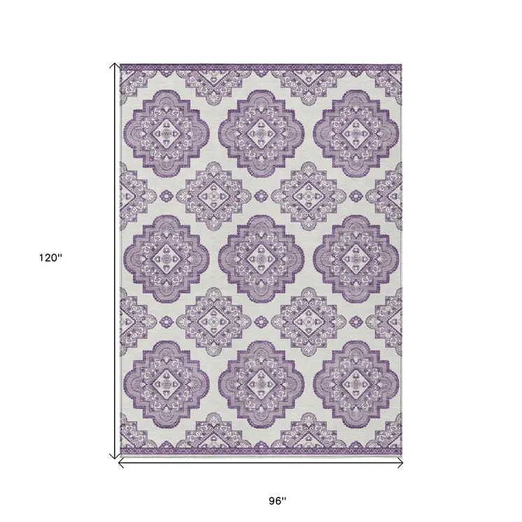 8' X 10' Lavender And Ivory Medallion Washable Indoor Outdoor Area Rug