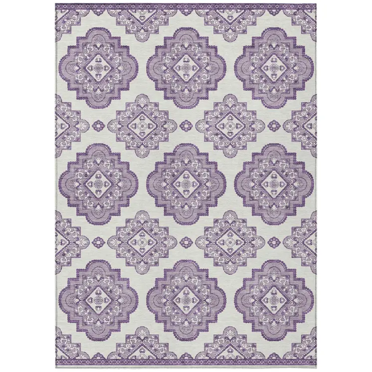 8' X 10' Lavender And Ivory Medallion Washable Indoor Outdoor Area Rug