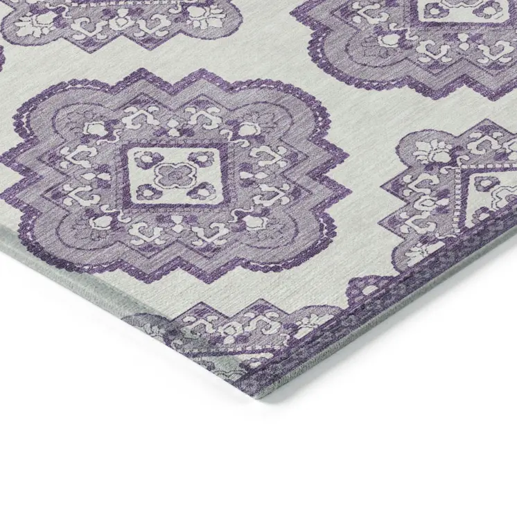 8' X 10' Lavender And Ivory Medallion Washable Indoor Outdoor Area Rug