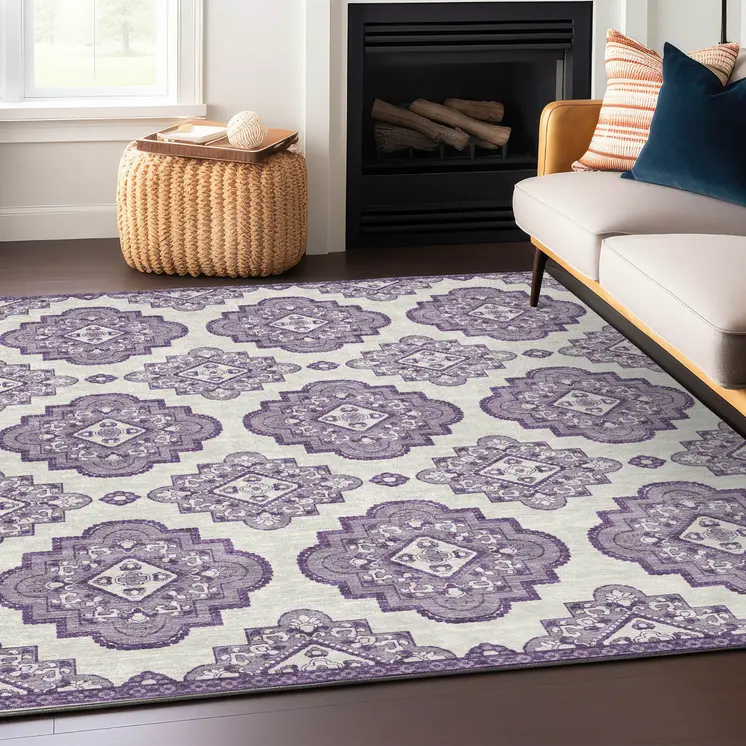 8' X 10' Lavender And Ivory Medallion Washable Indoor Outdoor Area Rug