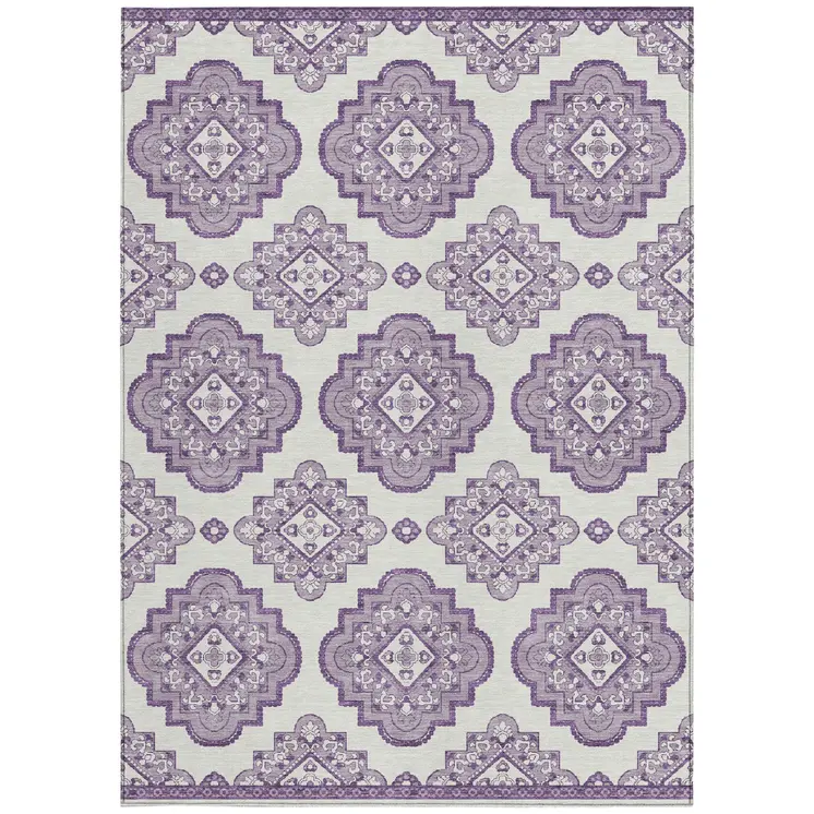 9' X 12' Lavender And Ivory Medallion Washable Indoor Outdoor Area Rug