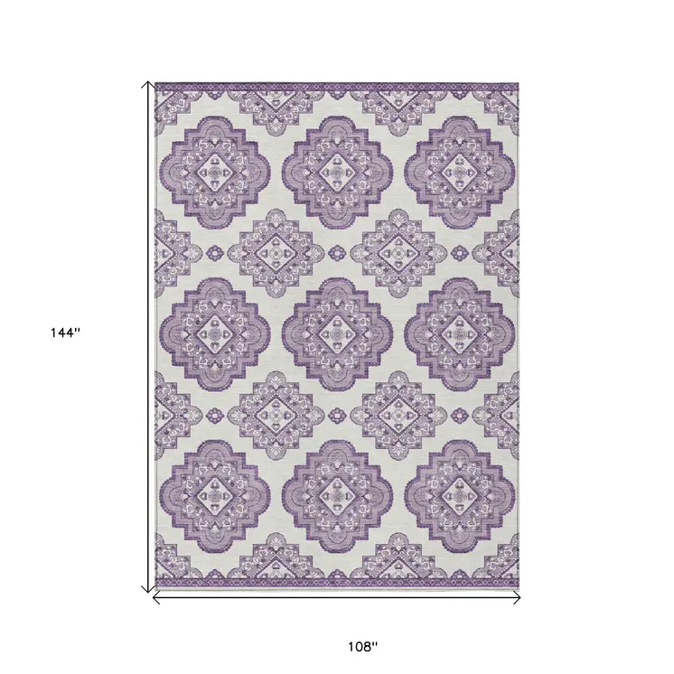 9' X 12' Lavender And Ivory Medallion Washable Indoor Outdoor Area Rug