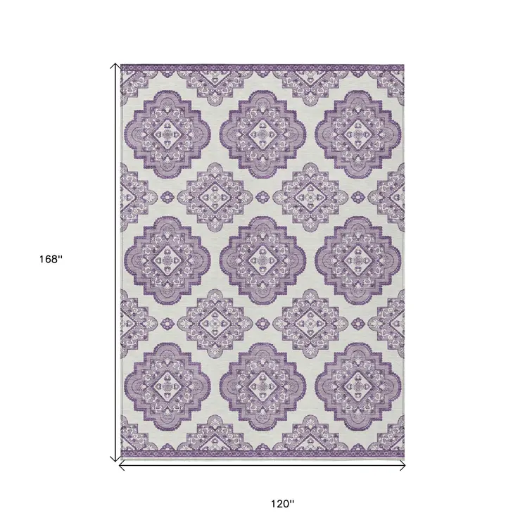 10' X 14' Lavender And Ivory Medallion Washable Indoor Outdoor Area Rug