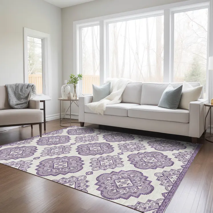 10' X 14' Lavender And Ivory Medallion Washable Indoor Outdoor Area Rug