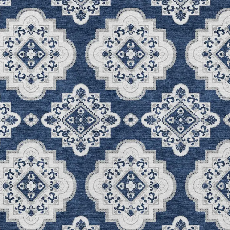 3' X 5' Navy Blue And Ivory Medallion Washable Indoor Outdoor Area Rug