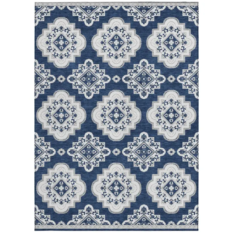 3' X 5' Navy Blue And Ivory Medallion Washable Indoor Outdoor Area Rug