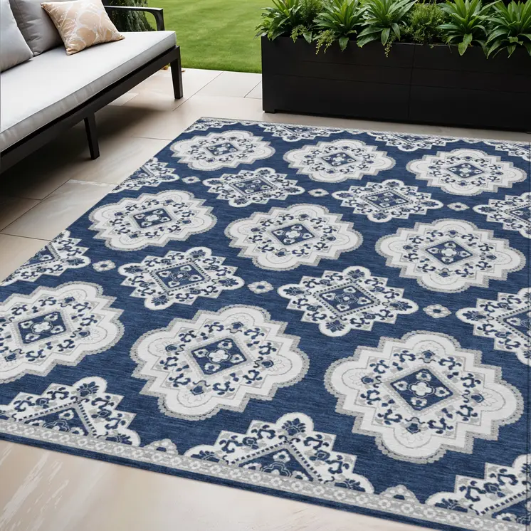 5' X 8' Navy Blue And Ivory Medallion Washable Indoor Outdoor Area Rug