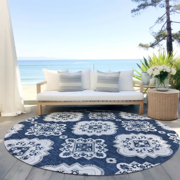 8' Navy Blue And Ivory Round Medallion Washable Indoor Outdoor Area Rug
