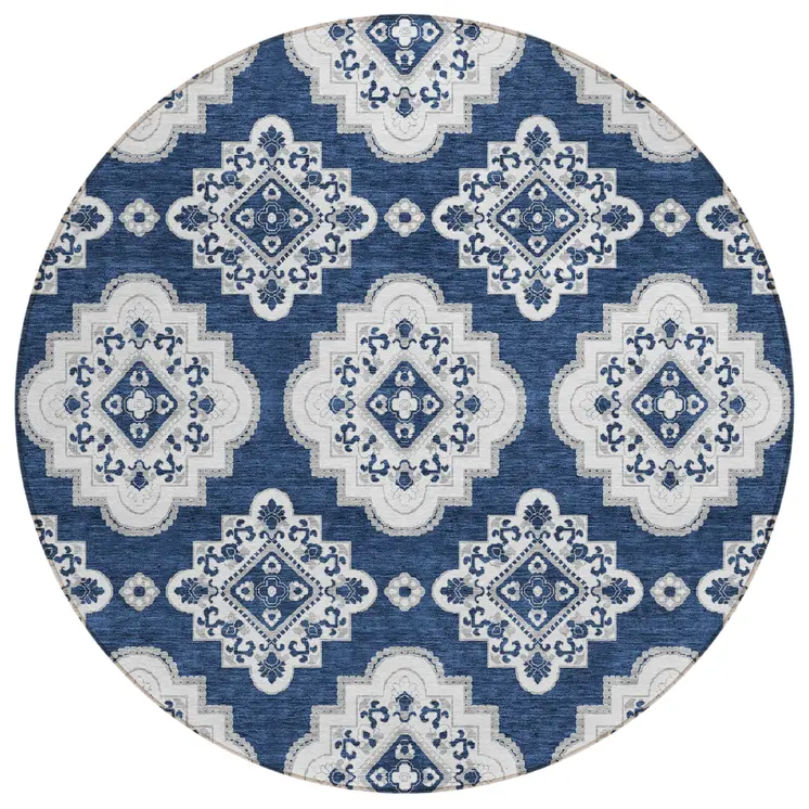 8' Navy Blue And Ivory Round Medallion Washable Indoor Outdoor Area Rug