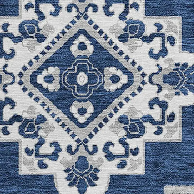 8' Navy Blue And Ivory Round Medallion Washable Indoor Outdoor Area Rug