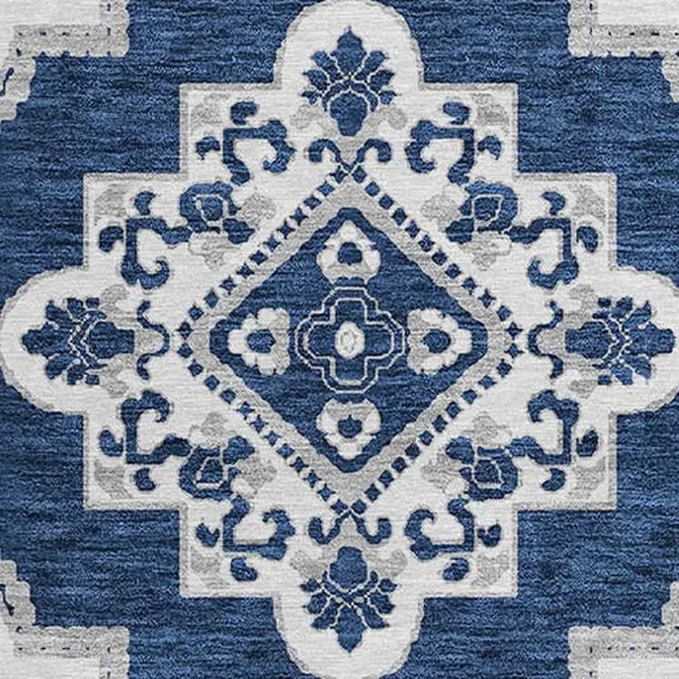 8' Navy Blue And Ivory Round Medallion Washable Indoor Outdoor Area Rug