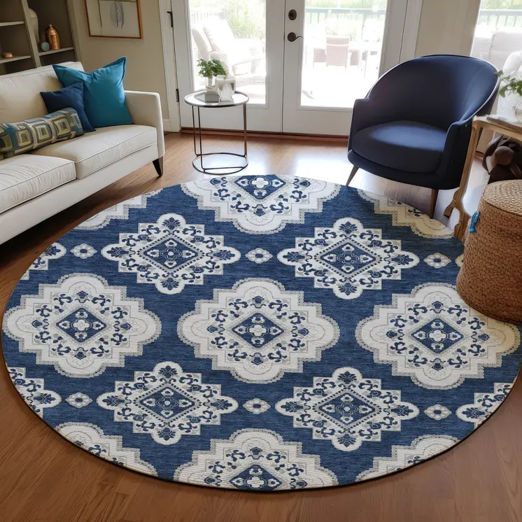 8' Navy Blue And Ivory Round Medallion Washable Indoor Outdoor Area Rug