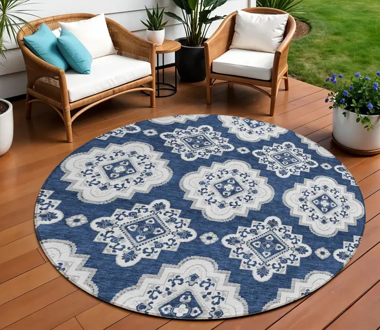 8' Navy Blue And Ivory Round Medallion Washable Indoor Outdoor Area Rug