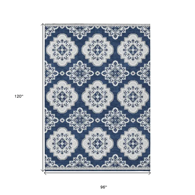 8' X 10' Navy Blue And Ivory Medallion Washable Indoor Outdoor Area Rug