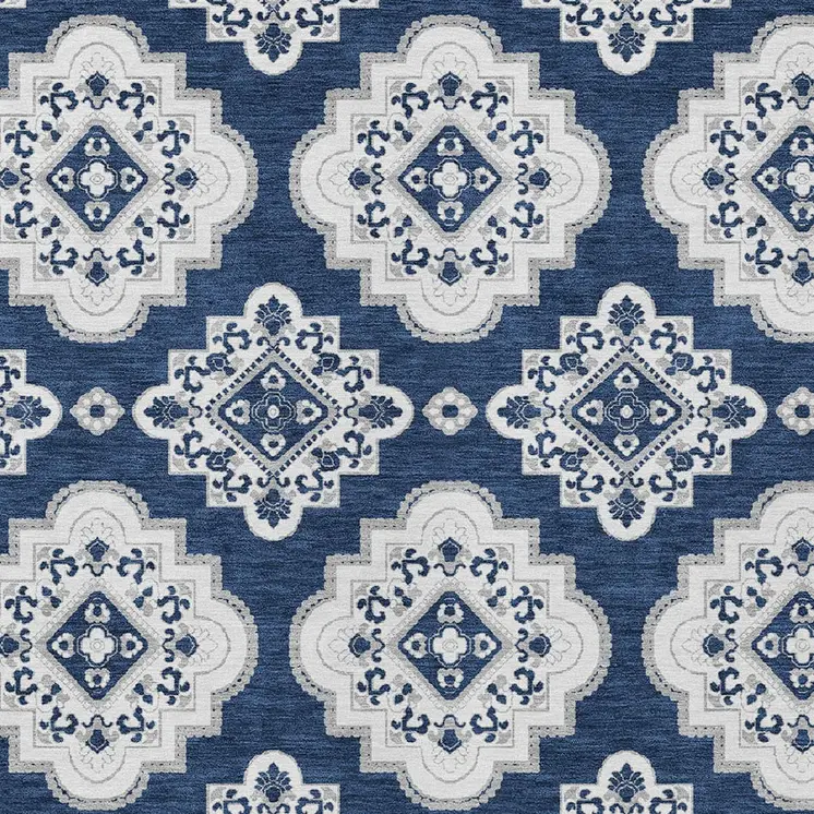 8' X 10' Navy Blue And Ivory Medallion Washable Indoor Outdoor Area Rug