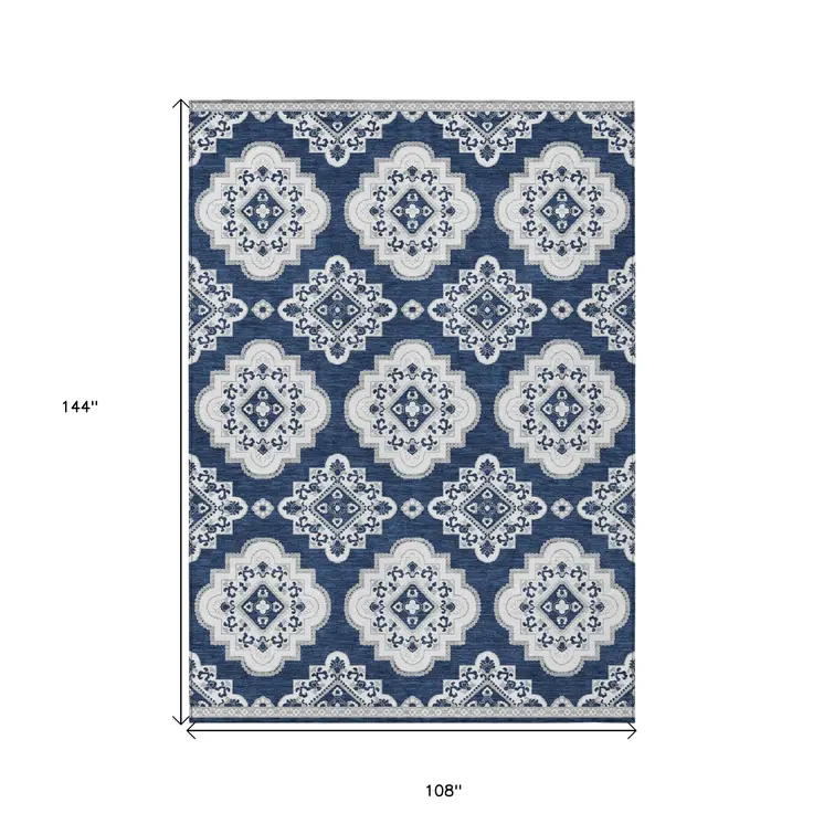 9' X 12' Navy Blue And Ivory Medallion Washable Indoor Outdoor Area Rug