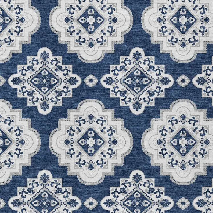 9' X 12' Navy Blue And Ivory Medallion Washable Indoor Outdoor Area Rug