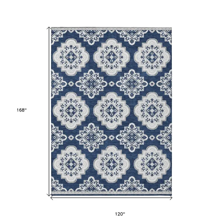 10' X 14' Navy Blue And Ivory Medallion Washable Indoor Outdoor Area Rug