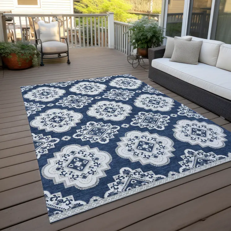 10' X 14' Navy Blue And Ivory Medallion Washable Indoor Outdoor Area Rug