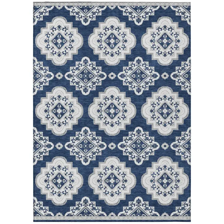 10' X 14' Navy Blue And Ivory Medallion Washable Indoor Outdoor Area Rug