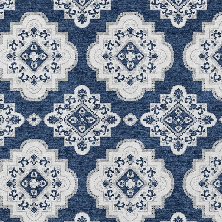 10' X 14' Navy Blue And Ivory Medallion Washable Indoor Outdoor Area Rug