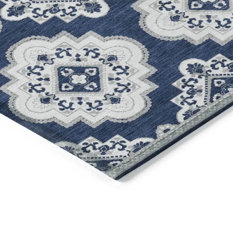 10' X 14' Navy Blue And Ivory Medallion Washable Indoor Outdoor Area Rug