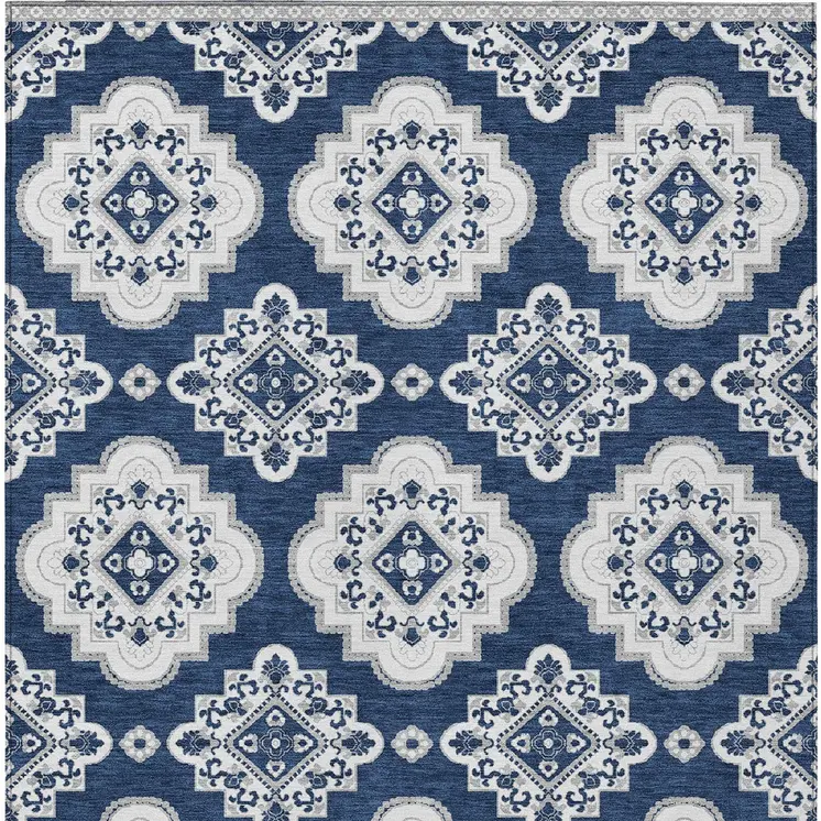 10' X 14' Navy Blue And Ivory Medallion Washable Indoor Outdoor Area Rug