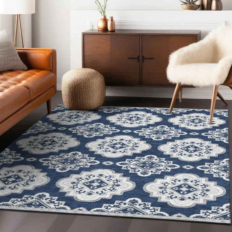 10' X 14' Navy Blue And Ivory Medallion Washable Indoor Outdoor Area Rug