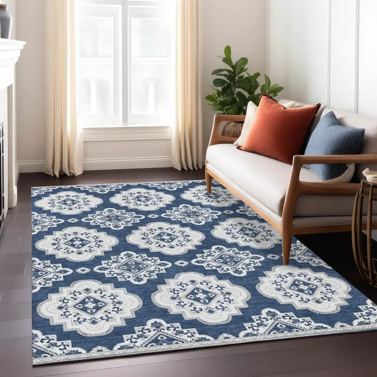 10' X 14' Navy Blue And Ivory Medallion Washable Indoor Outdoor Area Rug