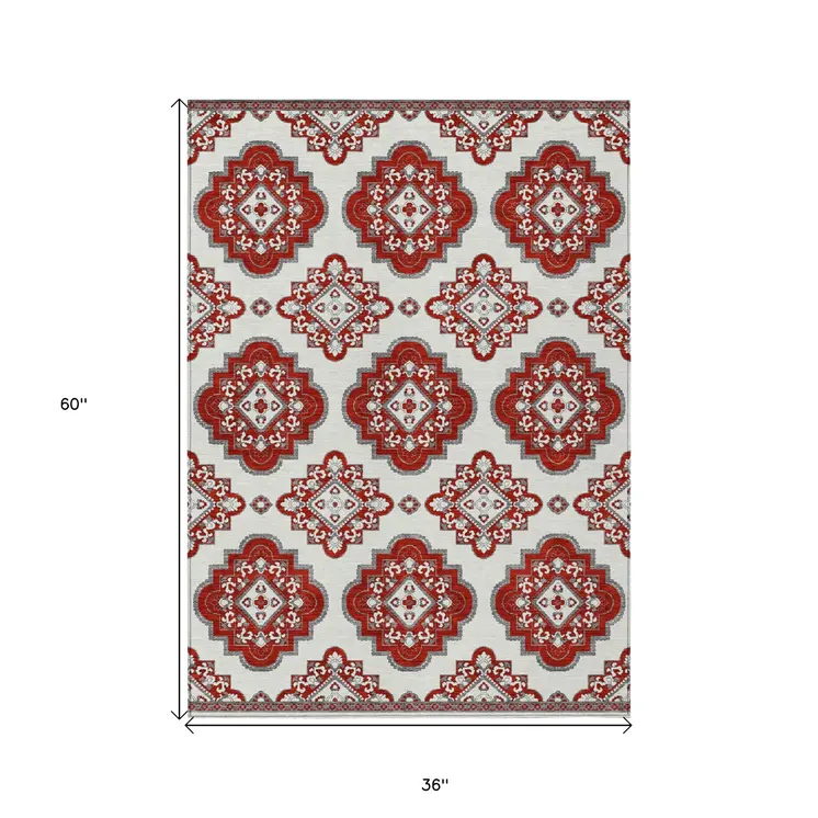 3' X 5' Red And Beige Medallion Washable Indoor Outdoor Area Rug