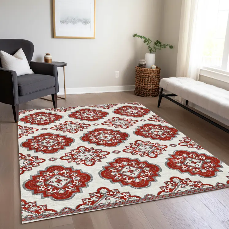 3' X 5' Red And Beige Medallion Washable Indoor Outdoor Area Rug