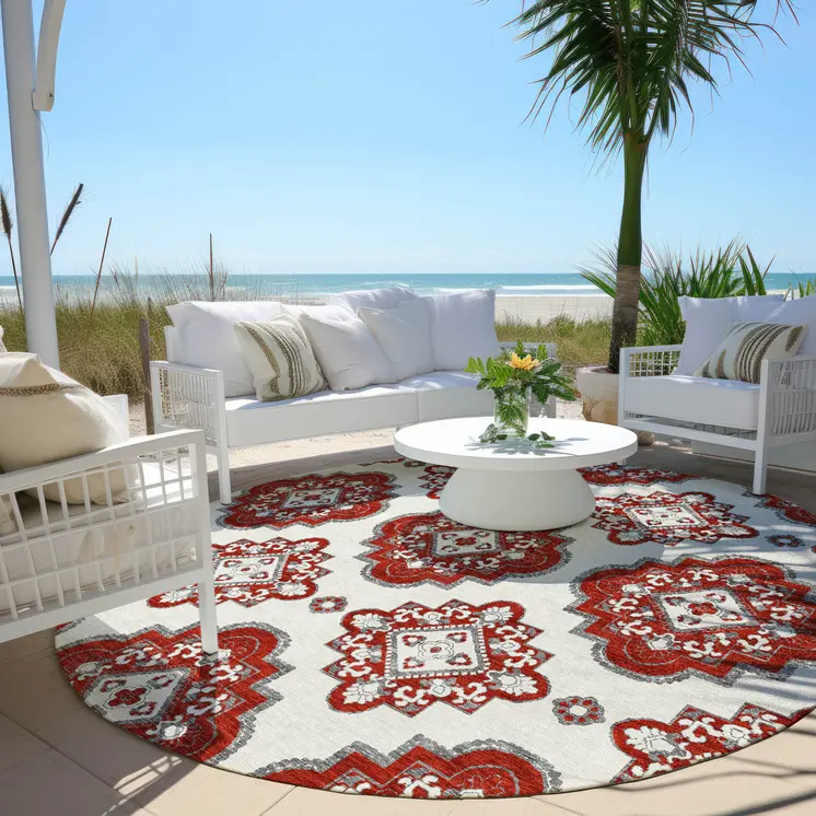 8' Red And Beige Round Medallion Washable Indoor Outdoor Area Rug