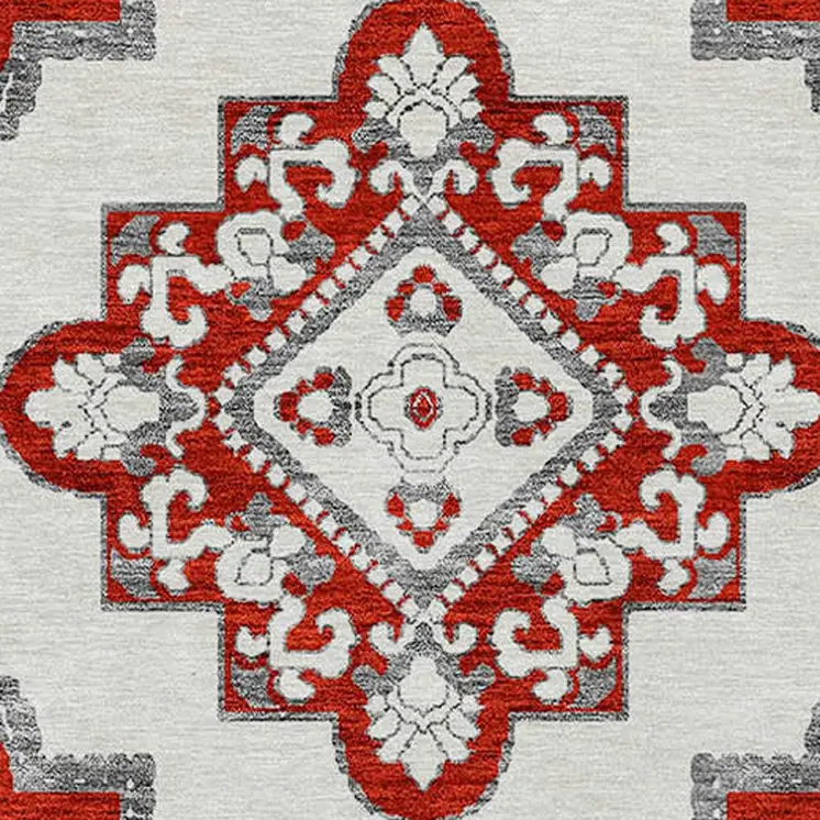8' Red And Beige Round Medallion Washable Indoor Outdoor Area Rug