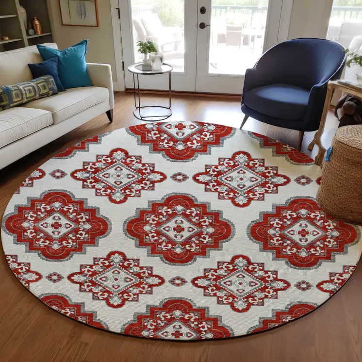 8' Red And Beige Round Medallion Washable Indoor Outdoor Area Rug
