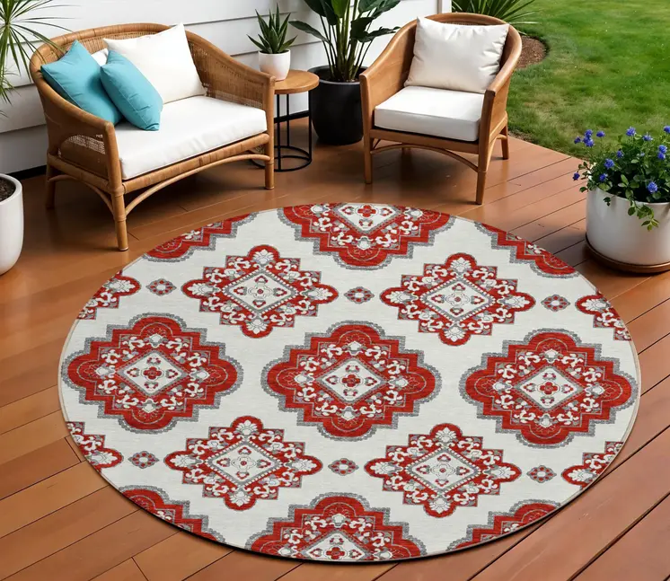 8' Red And Beige Round Medallion Washable Indoor Outdoor Area Rug