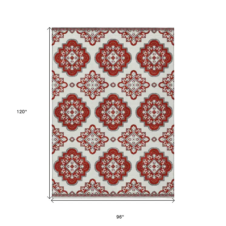 8' X 10' Red And Beige Medallion Washable Indoor Outdoor Area Rug