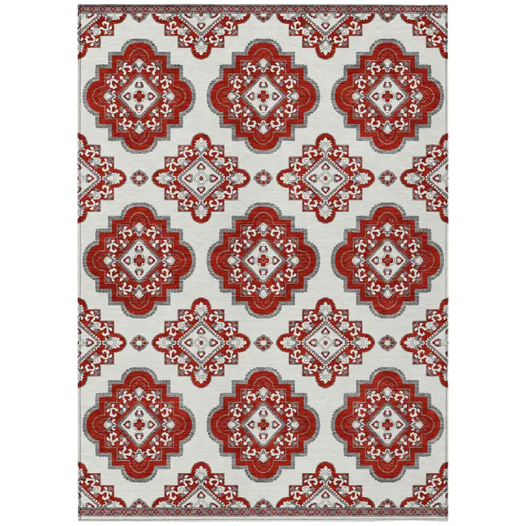 8' X 10' Red And Beige Medallion Washable Indoor Outdoor Area Rug