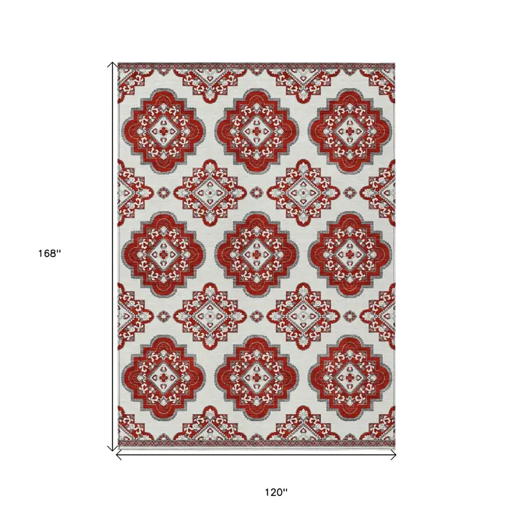10' X 14' Red And Beige Medallion Washable Indoor Outdoor Area Rug