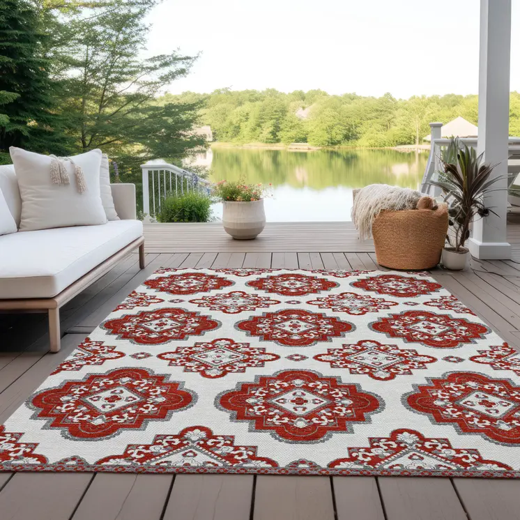 10' X 14' Red And Beige Medallion Washable Indoor Outdoor Area Rug