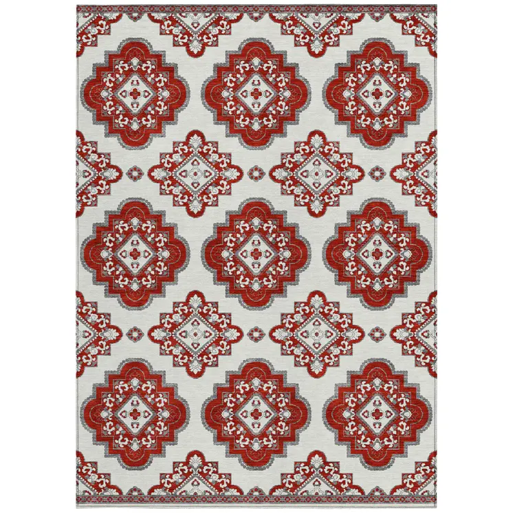 10' X 14' Red And Beige Medallion Washable Indoor Outdoor Area Rug