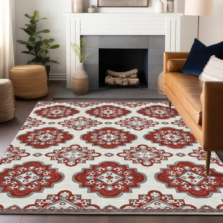 10' X 14' Red And Beige Medallion Washable Indoor Outdoor Area Rug