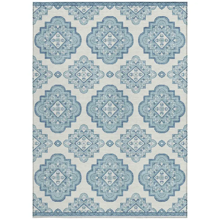 3' X 5' Teal Blue And Ivory Medallion Washable Indoor Outdoor Area Rug