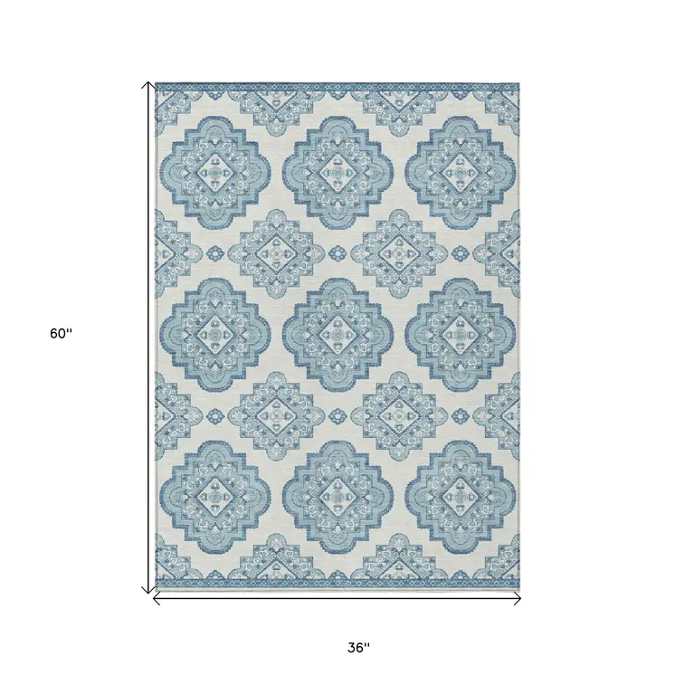 3' X 5' Teal Blue And Ivory Medallion Washable Indoor Outdoor Area Rug