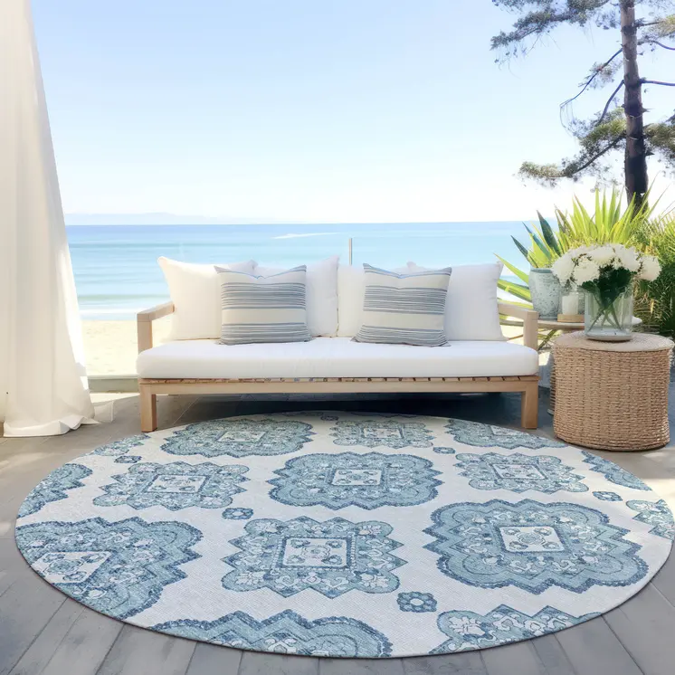 8' Teal Blue And Ivory Round Medallion Washable Indoor Outdoor Area Rug