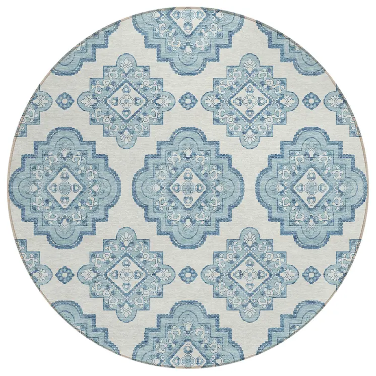 8' Teal Blue And Ivory Round Medallion Washable Indoor Outdoor Area Rug