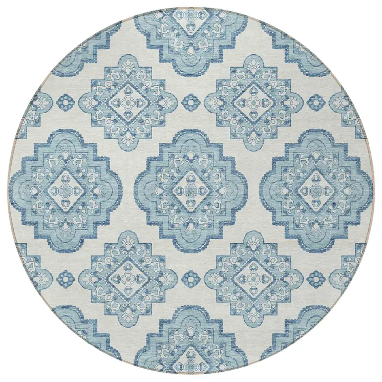 8' Teal Blue And Ivory Round Medallion Washable Indoor Outdoor Area Rug