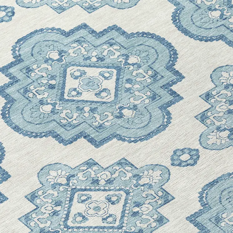 8' Teal Blue And Ivory Round Medallion Washable Indoor Outdoor Area Rug