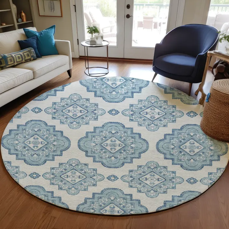 8' Teal Blue And Ivory Round Medallion Washable Indoor Outdoor Area Rug