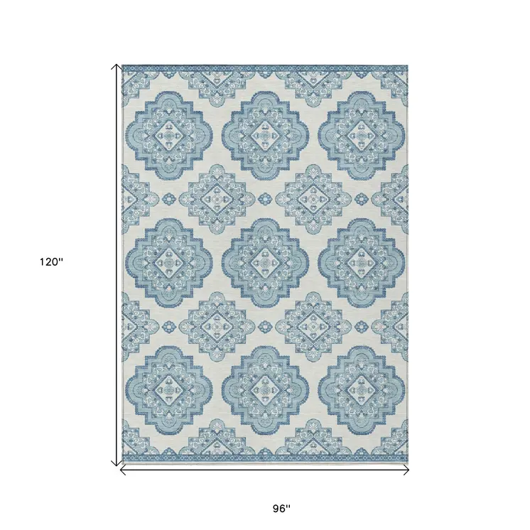 8' X 10' Teal Blue And Ivory Medallion Washable Indoor Outdoor Area Rug